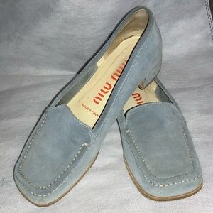 Miu Miu blue suede loafers white accent stitching